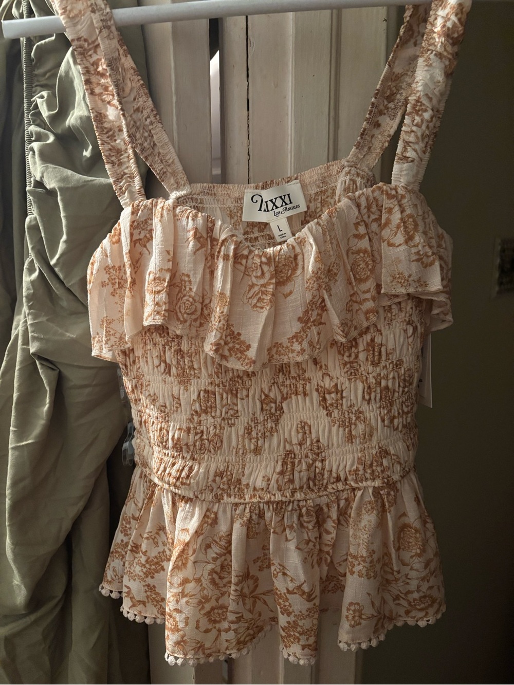 Forever 21 Cream & Tan Floral Ruffle Smocked Tank